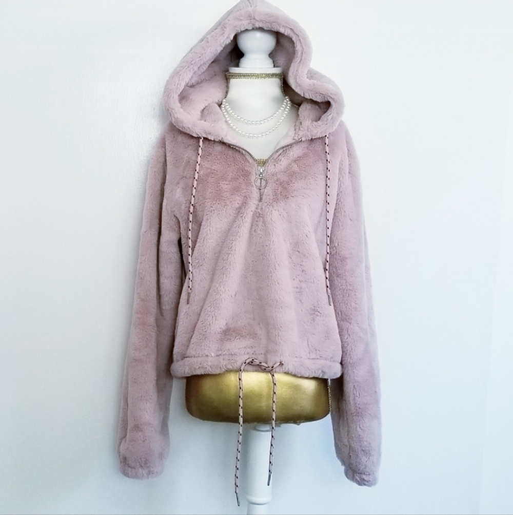 C'EST Toi Pink Plush Faux Fur Cropped Hoodie Cozy Teddy Jacket with Hood